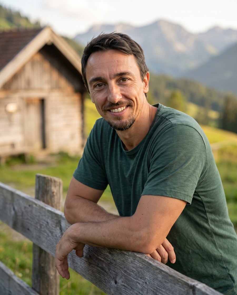 Mathias Fröhlich lehnt lächelnd an einem Holzzaun auf einer Alpe